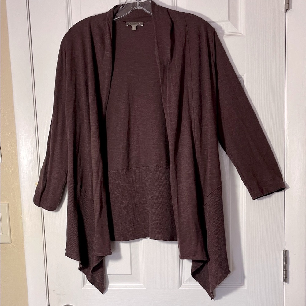 Lilla P cotton model open cardigan shark bite hem lightweight dark plum XS